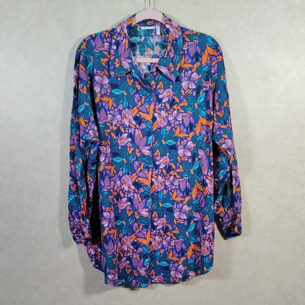 H188 Asos purple, orange, teal floral print cotton button up blouse 6 EUC